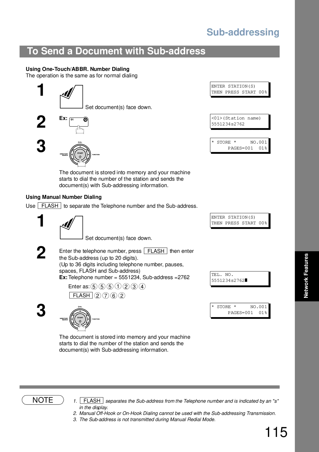 Panasonic UF-6000 appendix 115, To Send a Document with Sub-address, Using One-Touch/ABBR. Number Dialing 