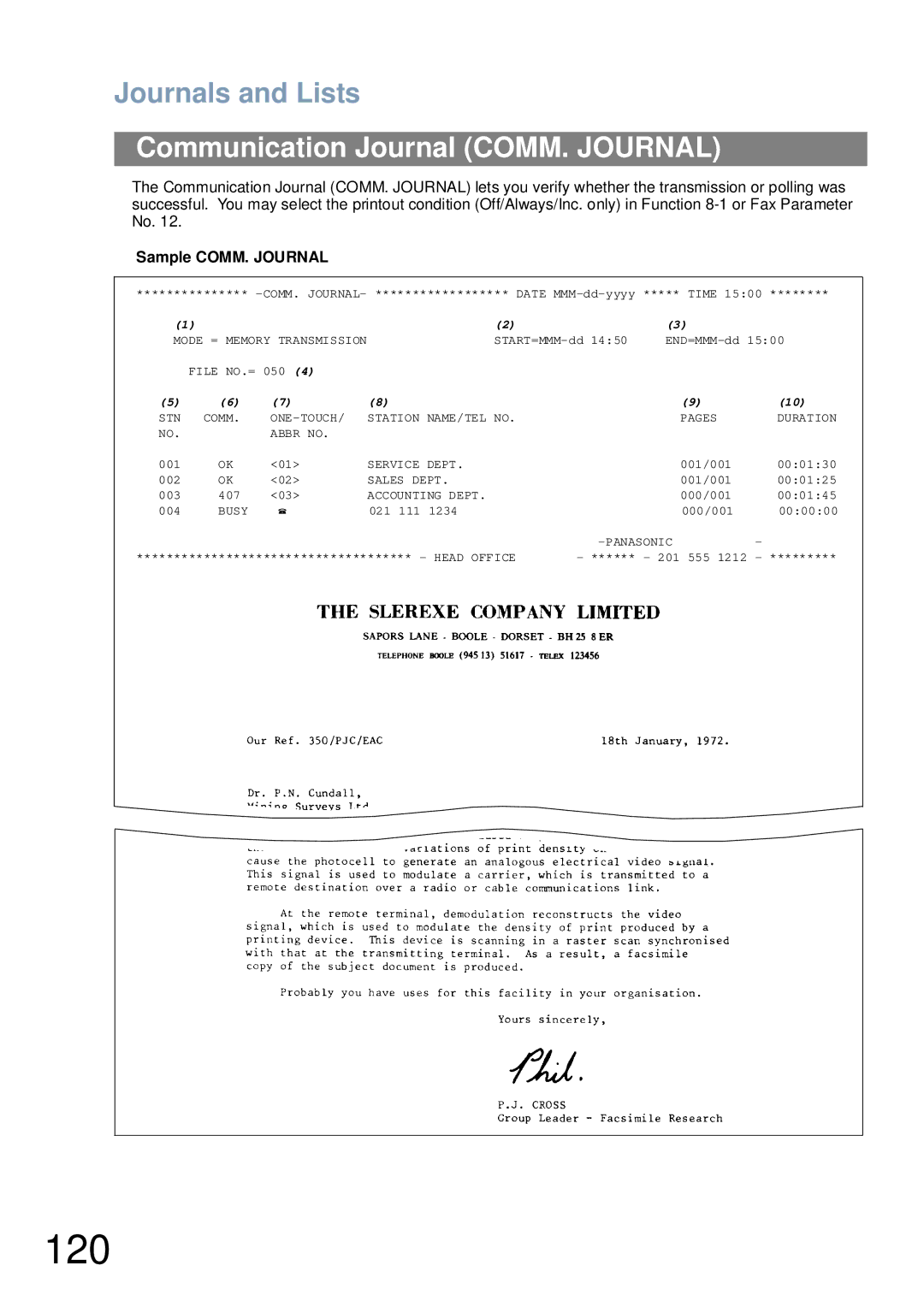 Panasonic UF-6000 appendix 120, Sample COMM. Journal 