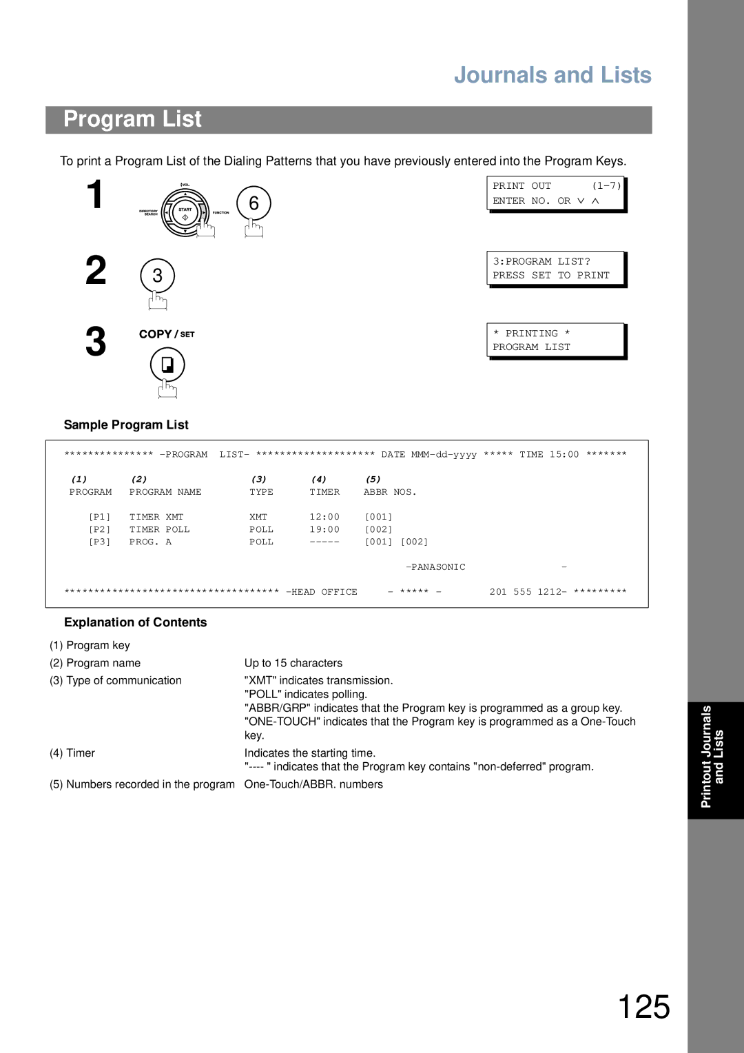 Panasonic UF-6000 appendix 125, Sample Program List, 3PROGRAM LIST? Press SET to Print Printing Program List 