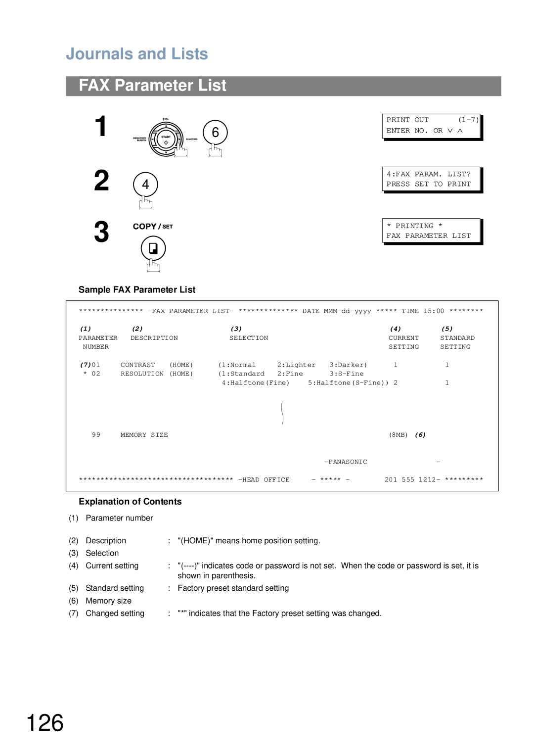 Panasonic UF-6000 appendix 126, Sample FAX Parameter List 