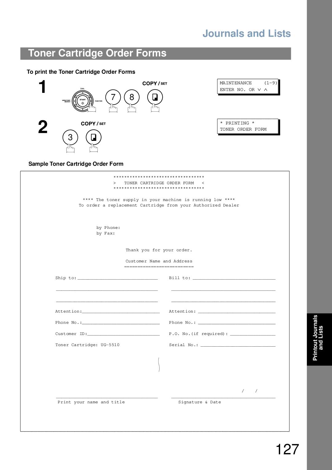 Panasonic UF-6000 appendix 127, To print the Toner Cartridge Order Forms, Sample Toner Cartridge Order Form 