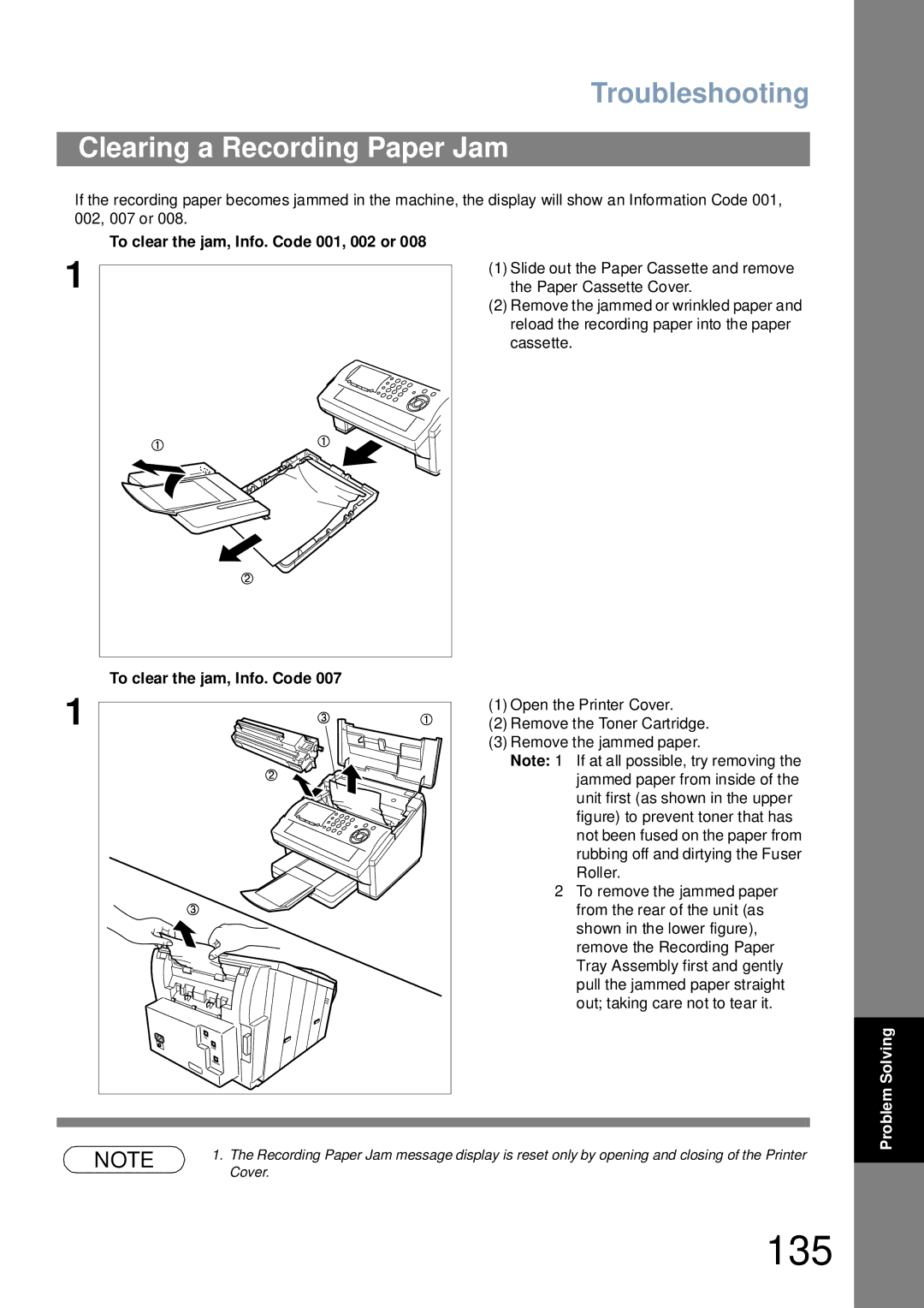 Panasonic UF-6000 appendix 135, Clearing a Recording Paper Jam, To clear the jam, Info. Code 001, 002 or 