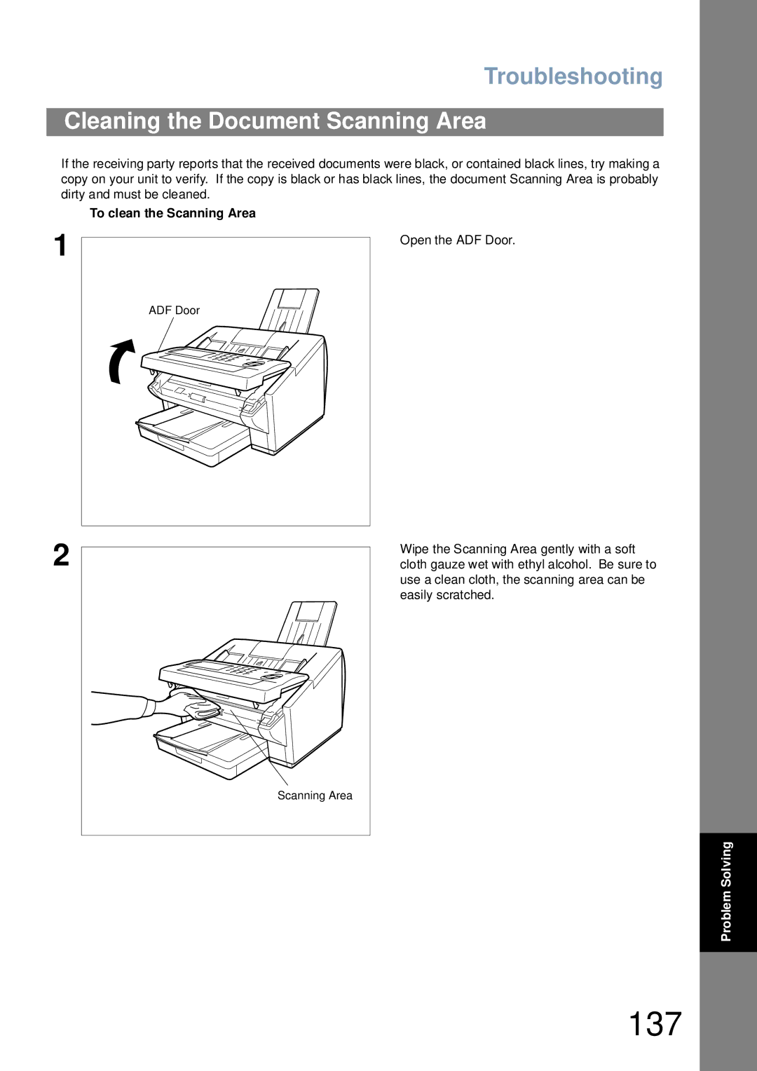 Panasonic UF-6000 appendix 137, Cleaning the Document Scanning Area, To clean the Scanning Area 