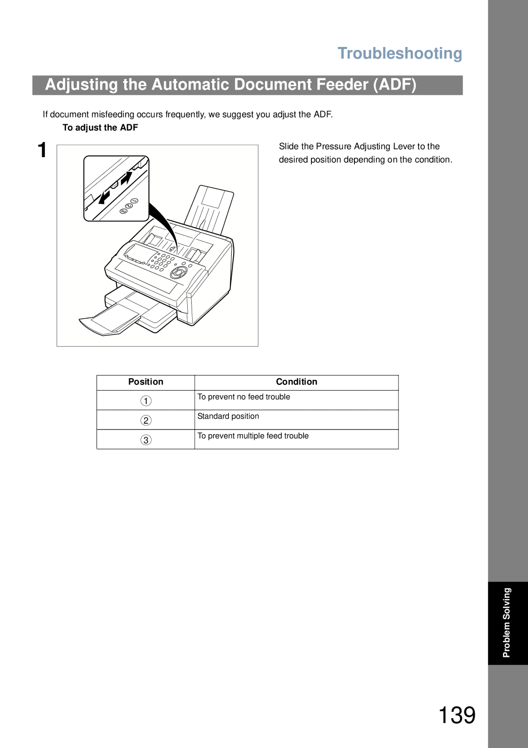 Panasonic UF-6000 appendix 139, Adjusting the Automatic Document Feeder ADF, To adjust the ADF, Position Condition 