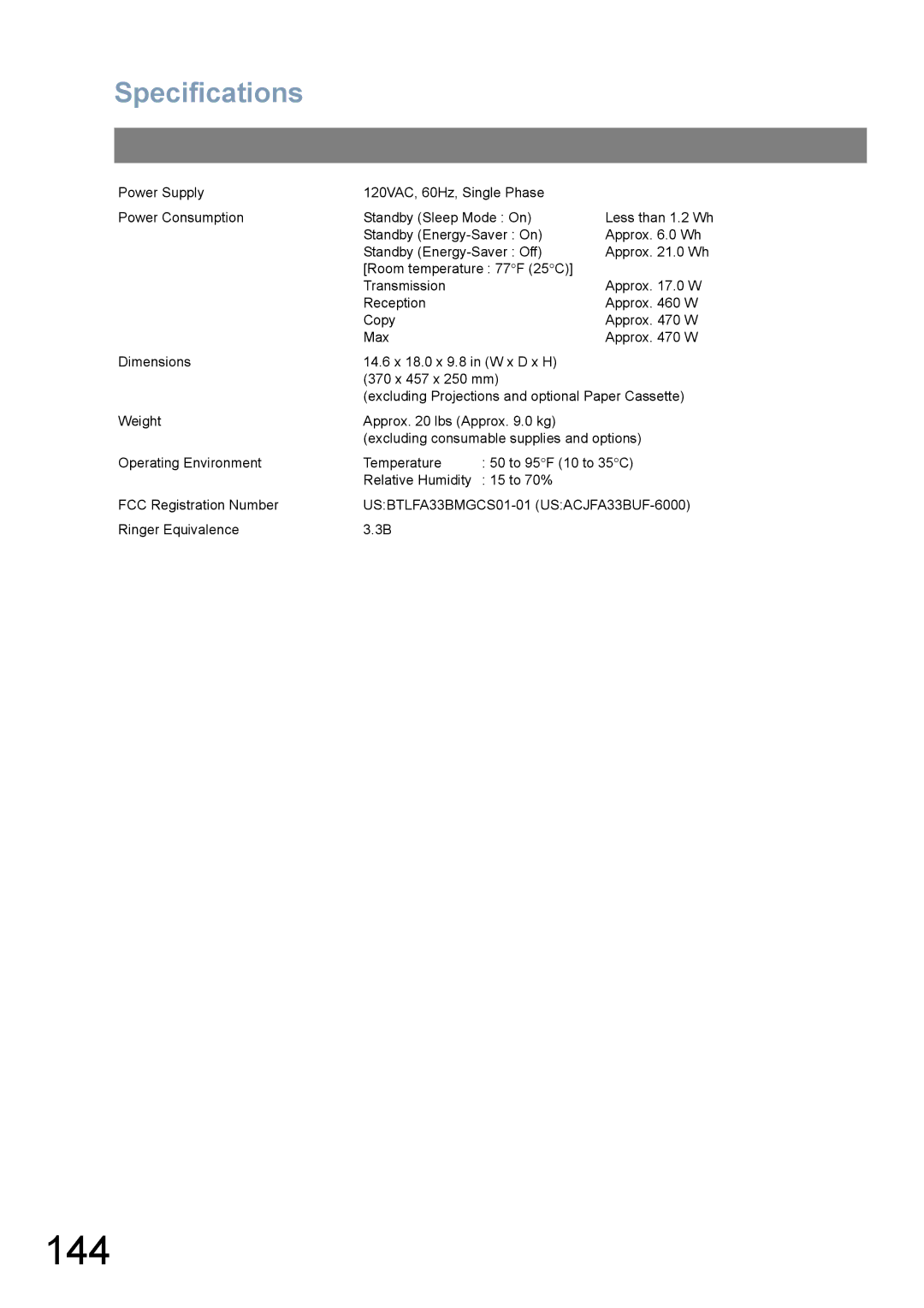 Panasonic UF-6000 appendix 144, Specifications 