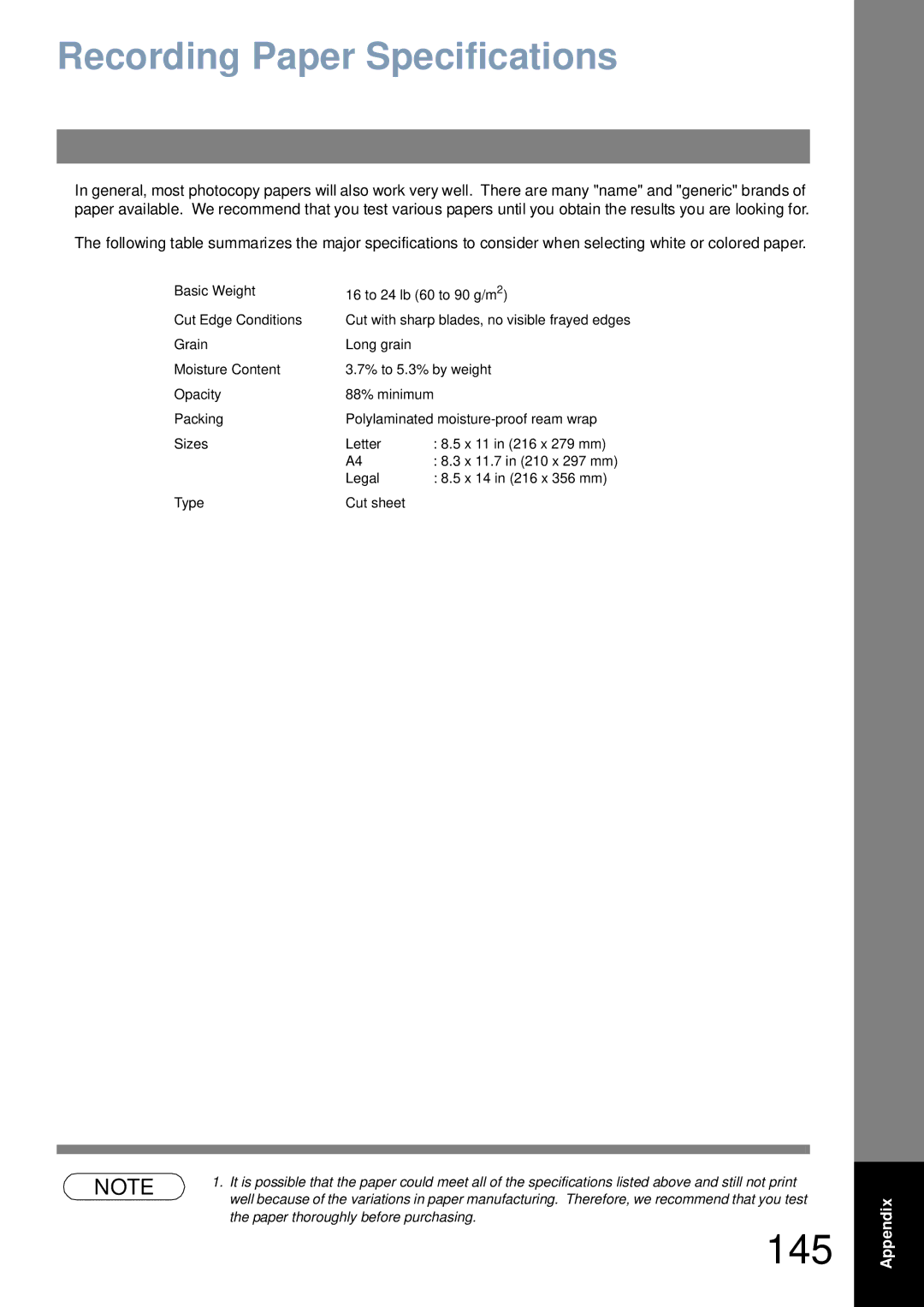 Panasonic UF-6000 appendix 145, Recording Paper Specifications 