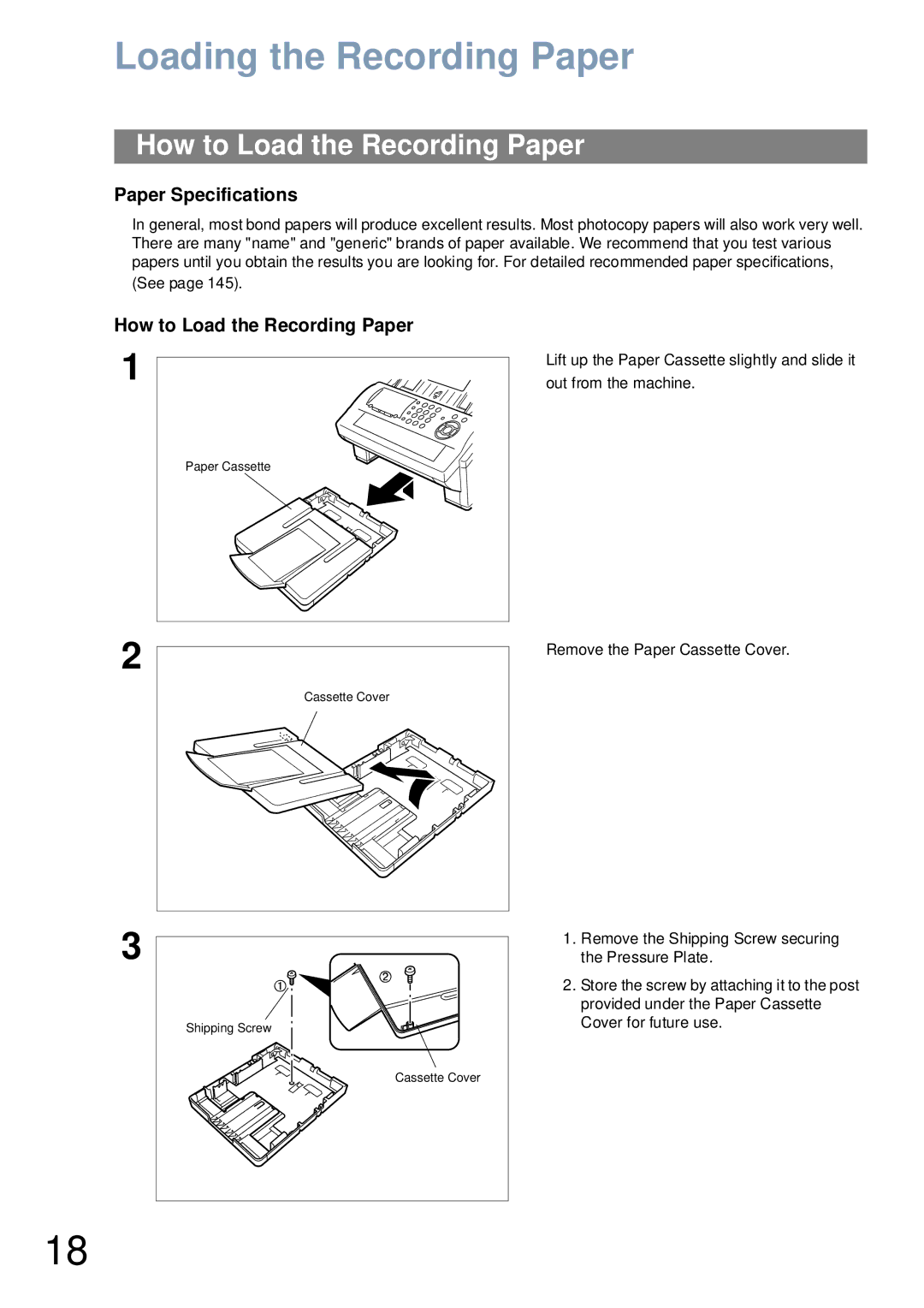 Panasonic UF-6000 appendix Loading the Recording Paper, How to Load the Recording Paper, Paper Specifications 