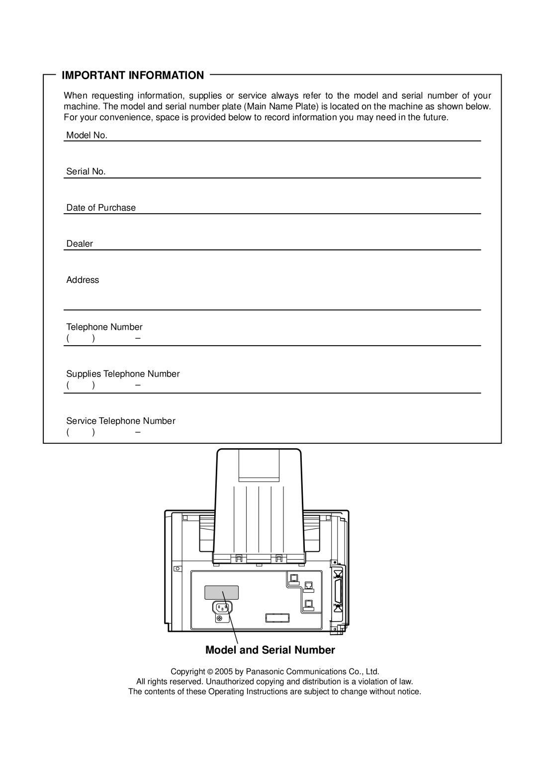 Panasonic UF-6000 appendix Important Information 