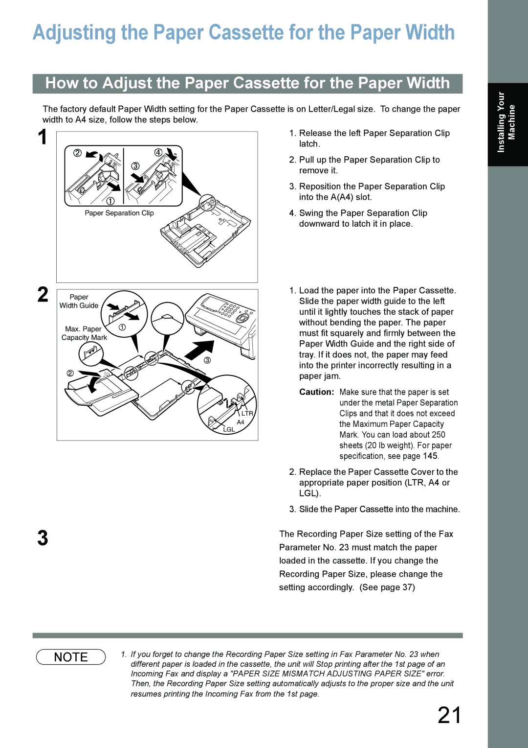 Panasonic UF-6000 Adjusting the Paper Cassette for the Paper Width, How to Adjust the Paper Cassette for the Paper Width 