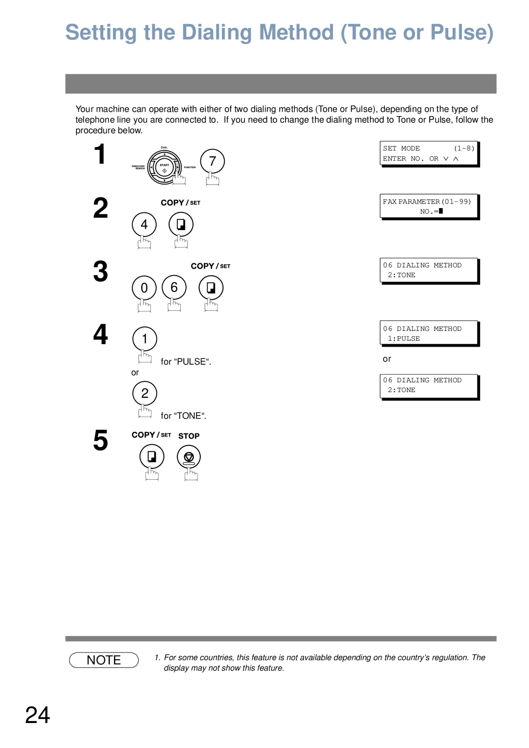 Panasonic UF-6000 appendix Setting the Dialing Method Tone or Pulse, SET Mode Enter NO. or ∨ FAX PARAMETER01-99 