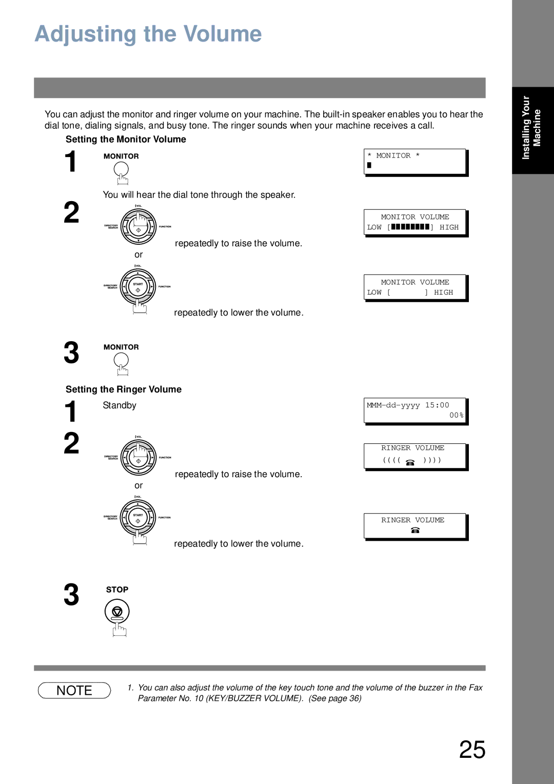 Panasonic UF-6000 appendix Adjusting the Volume, Setting the Monitor Volume, Repeatedly to lower the volume 