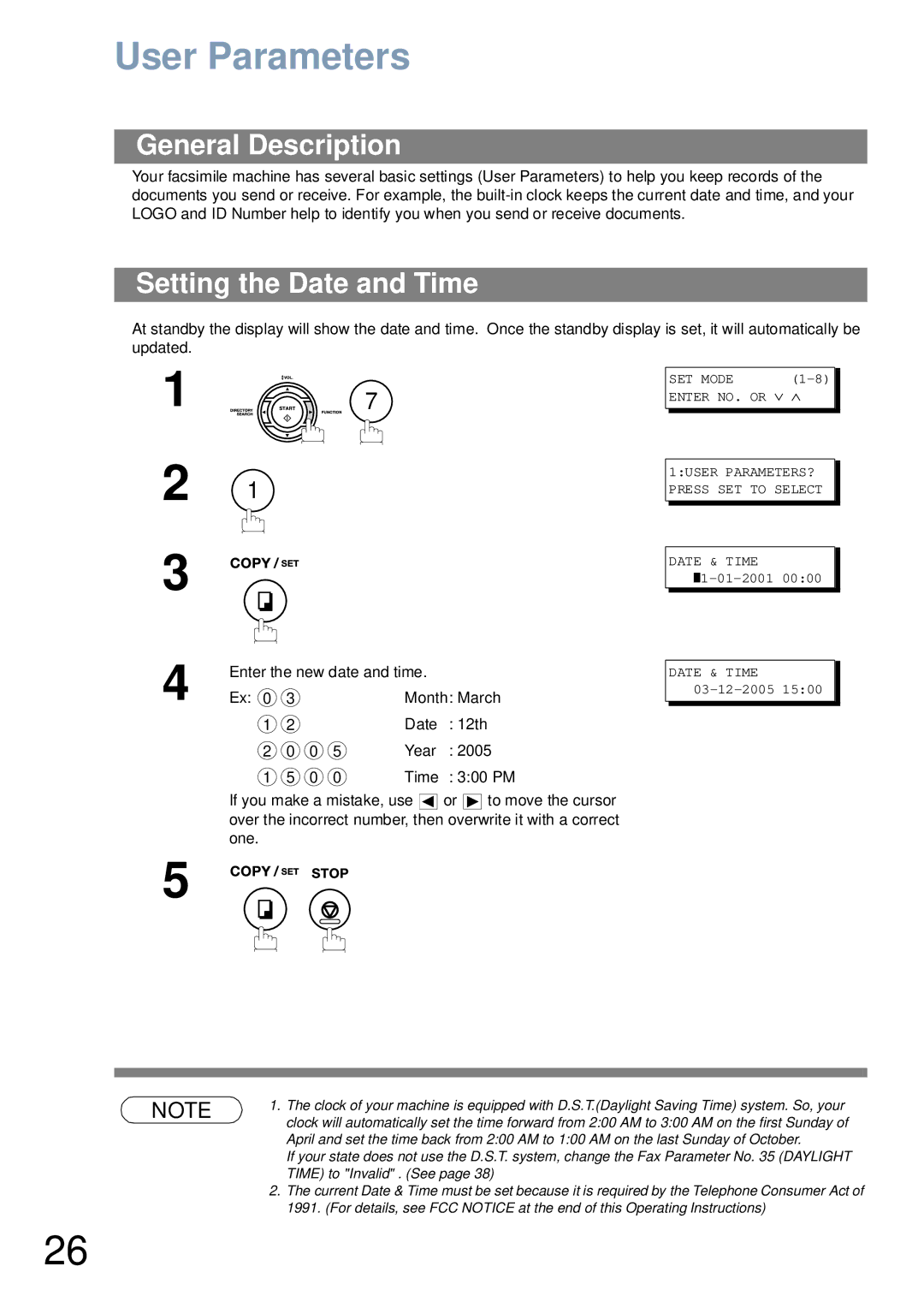 Panasonic UF-6000 appendix User Parameters, General Description, Setting the Date and Time 