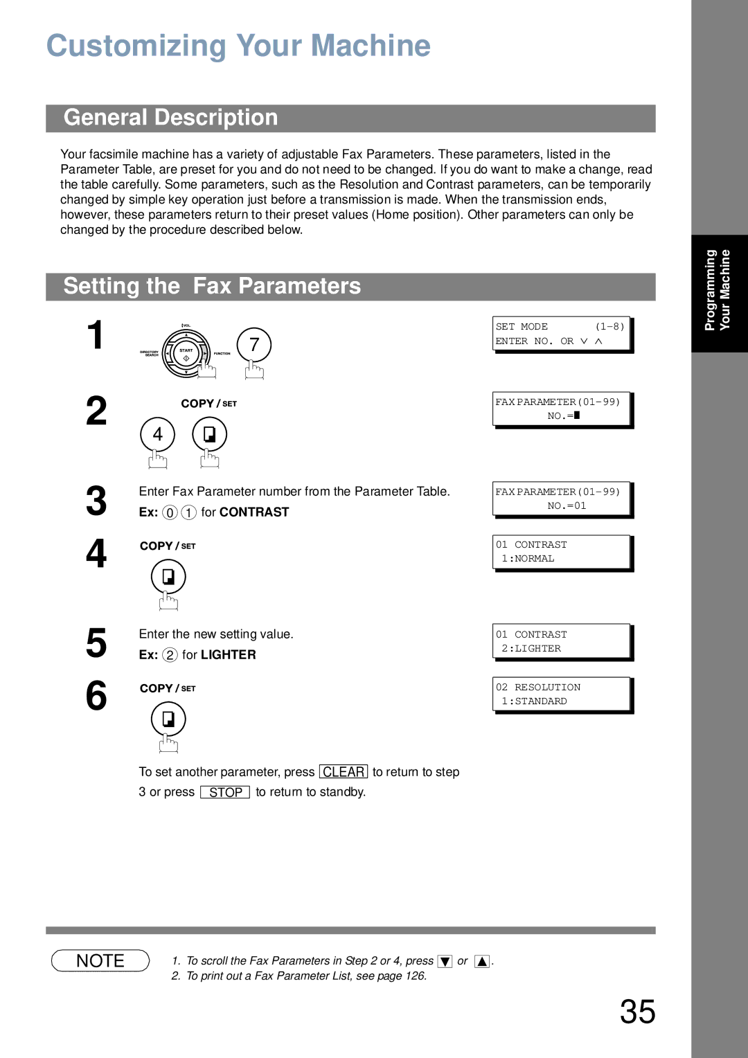 Panasonic UF-6000 appendix Customizing Your Machine, Setting the Fax Parameters, Ex 0 1 for Contrast, Ex 2 for Lighter 