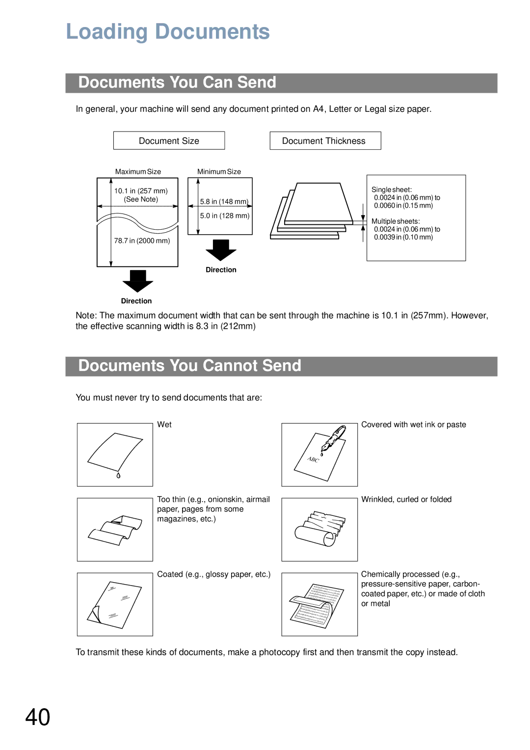 Panasonic UF-6000 appendix Loading Documents, Documents You Can Send, Documents You Cannot Send 