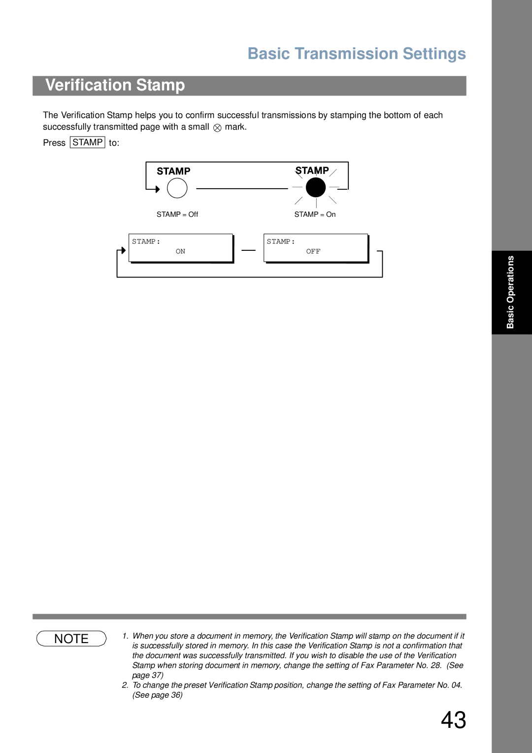 Panasonic UF-6000 appendix Verification Stamp, Stamp OFF 