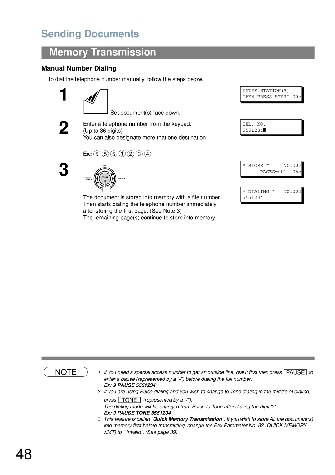 Panasonic UF-6000 appendix Manual Number Dialing, PAGES=001 05% Dialing * NO.002 