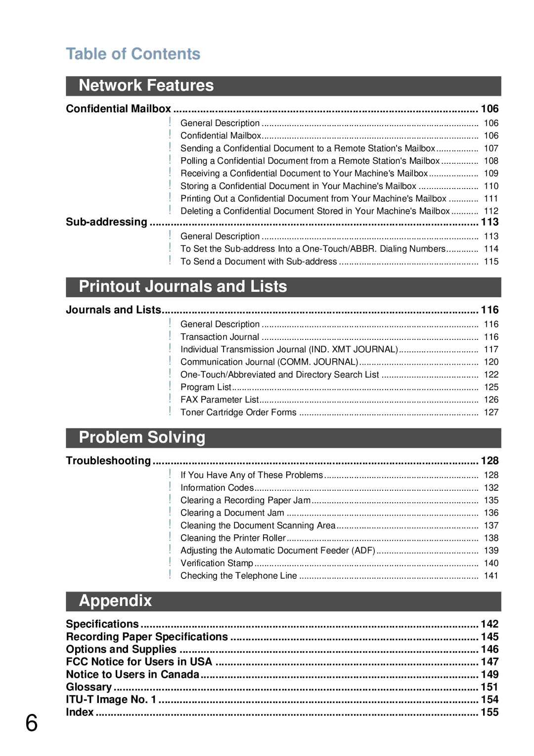 Panasonic UF-6000 appendix Printout Journals and Lists, Problem Solving, Appendix 