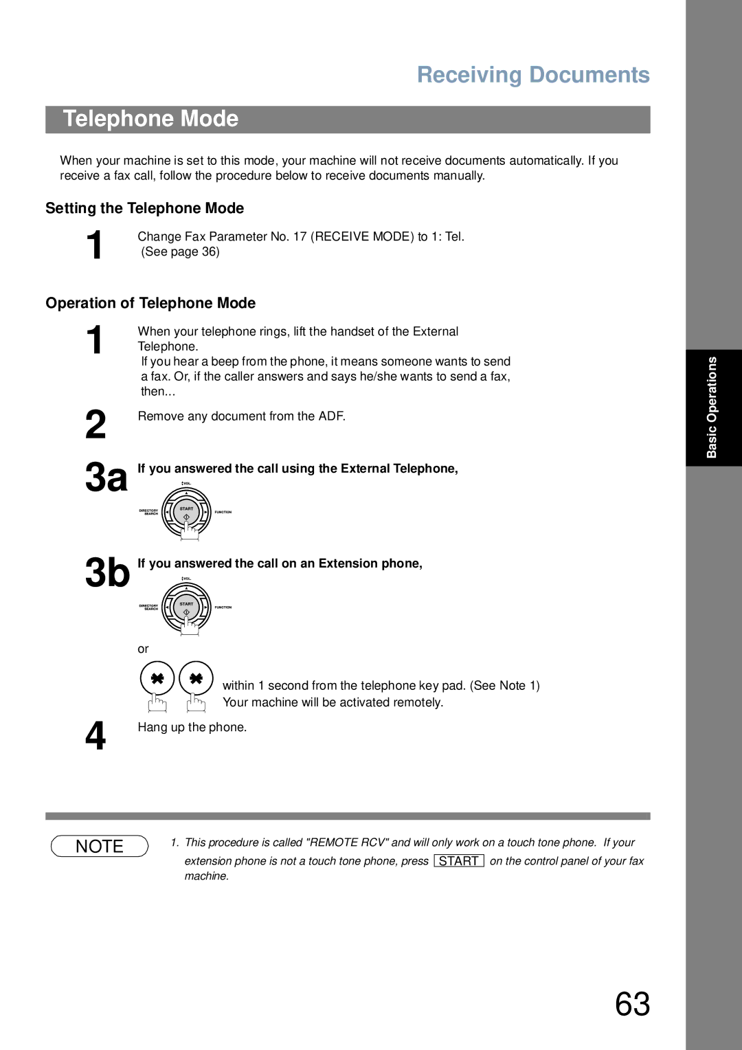 Panasonic UF-6000 appendix Setting the Telephone Mode, Operation of Telephone Mode 