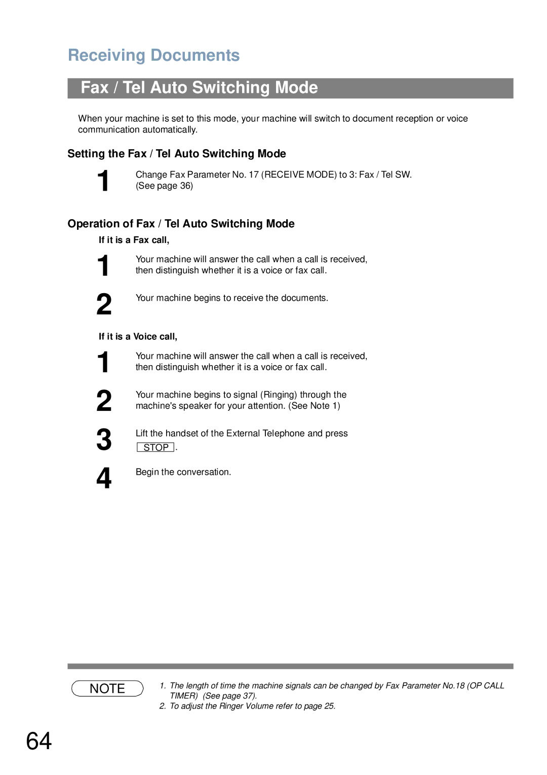 Panasonic UF-6000 appendix Setting the Fax / Tel Auto Switching Mode, Operation of Fax / Tel Auto Switching Mode 