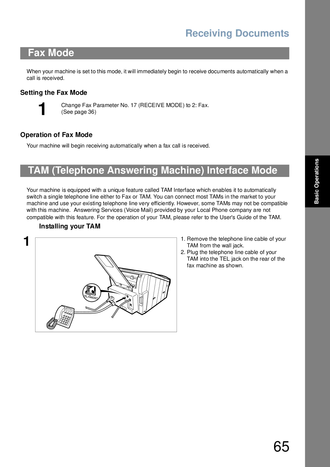 Panasonic UF-6000 appendix TAM Telephone Answering Machine Interface Mode, Setting the Fax Mode, Operation of Fax Mode 