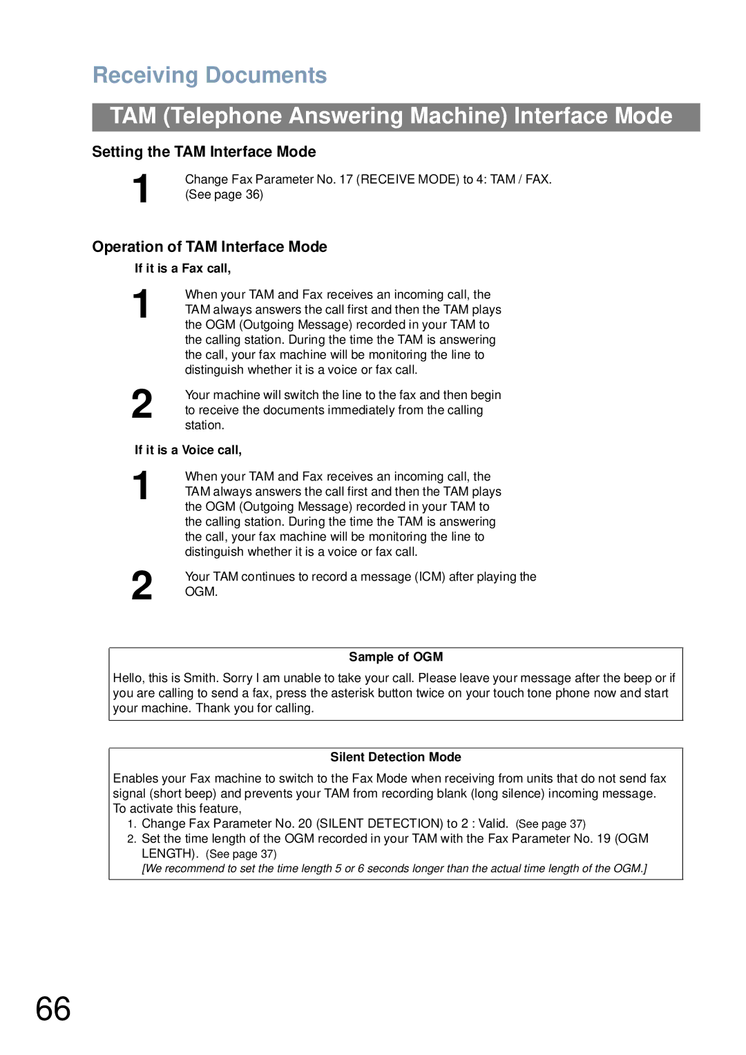 Panasonic UF-6000 Setting the TAM Interface Mode, Operation of TAM Interface Mode, Sample of OGM, Silent Detection Mode 