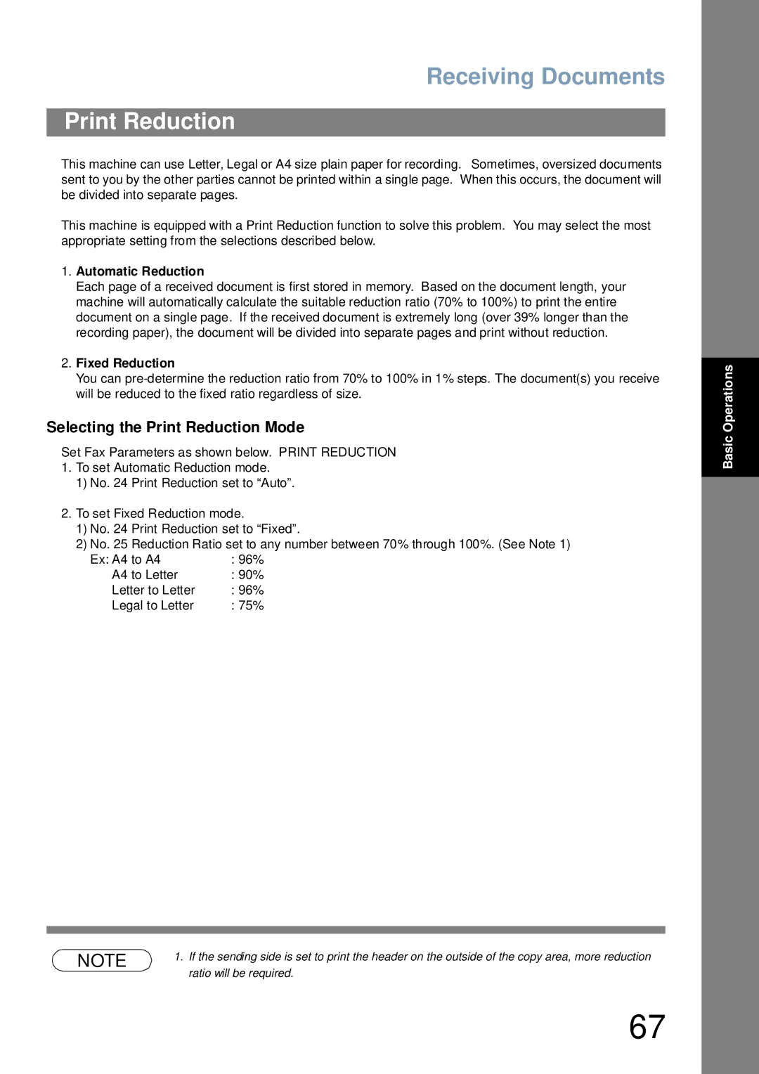 Panasonic UF-6000 appendix Selecting the Print Reduction Mode, Automatic Reduction, Fixed Reduction 