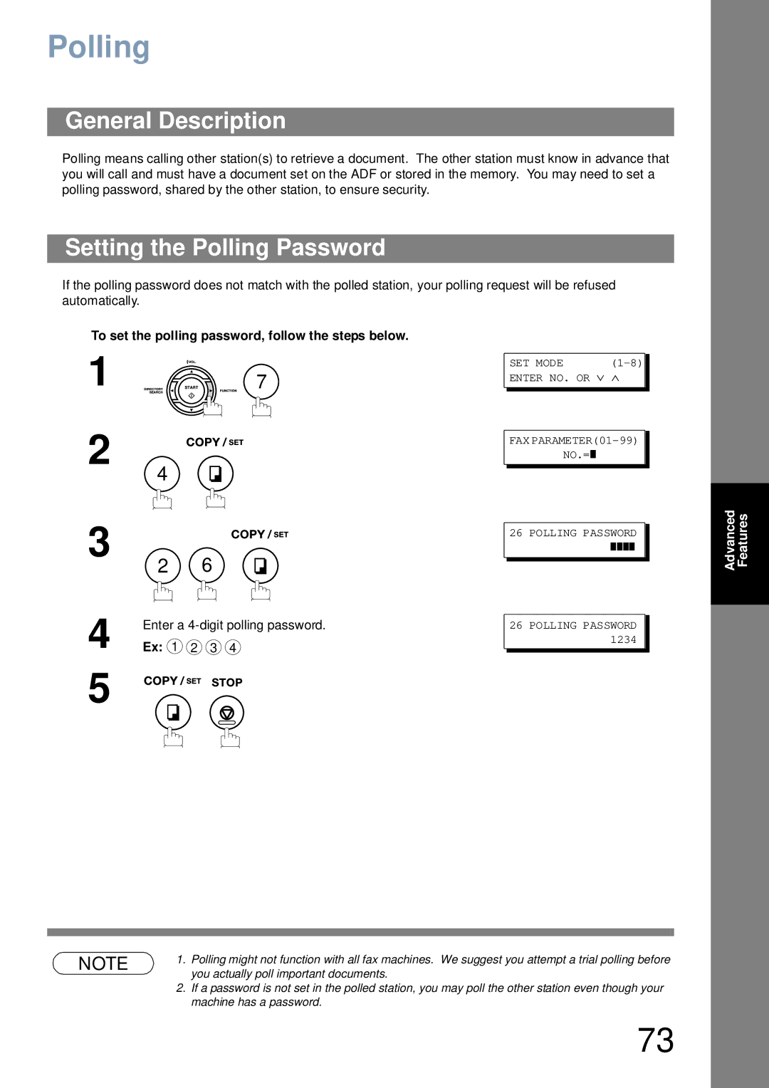 Panasonic UF-6000 appendix Setting the Polling Password 