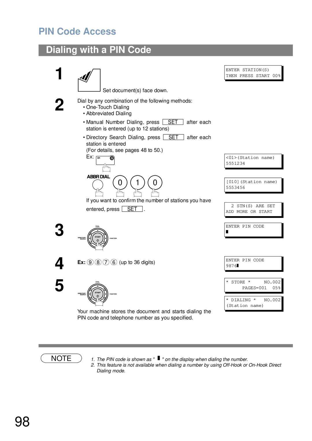 Panasonic UF-6000 appendix Dialing with a PIN Code, Stns are SET ADD More or Start Enter PIN Code Store 