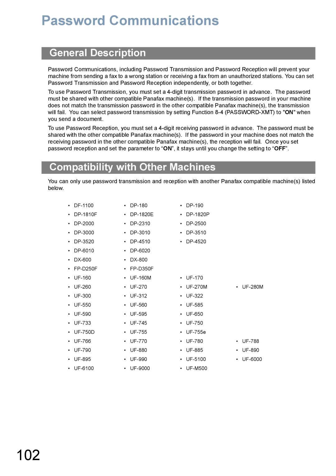 Panasonic UF-6100, UF-5100 appendix 102, Password Communications, Compatibility with Other Machines 