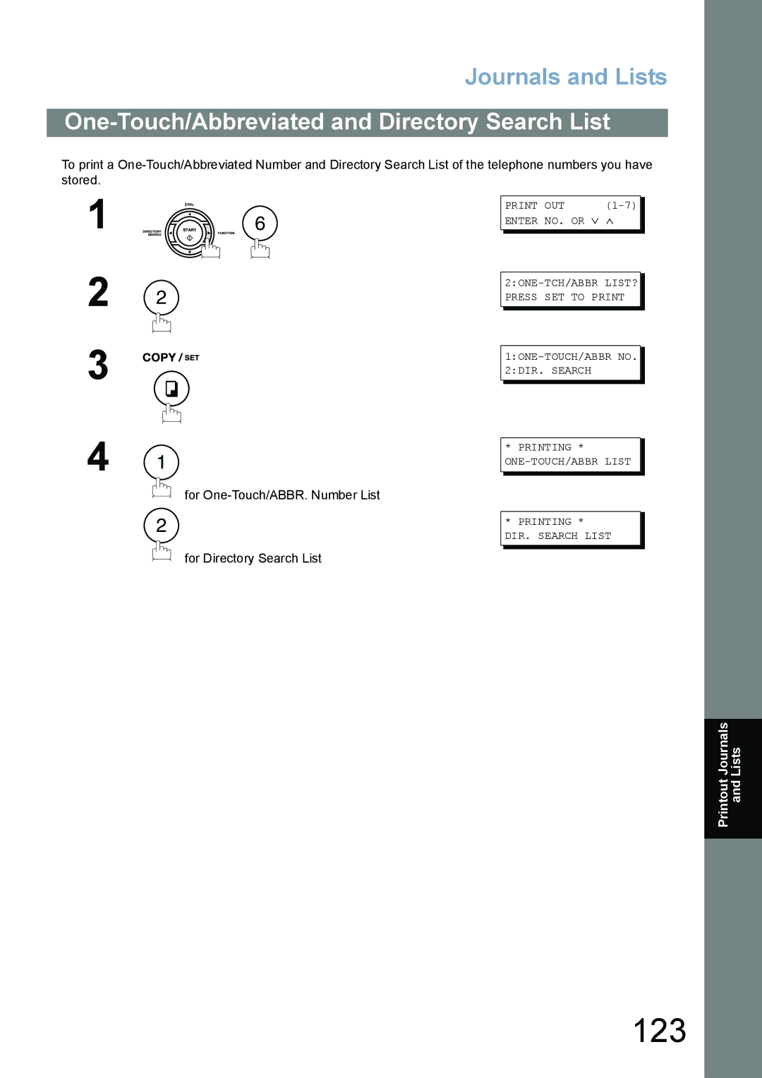 Panasonic UF-5100, UF-6100 appendix 123, One-Touch/Abbreviated and Directory Search List, For Directory Search List 