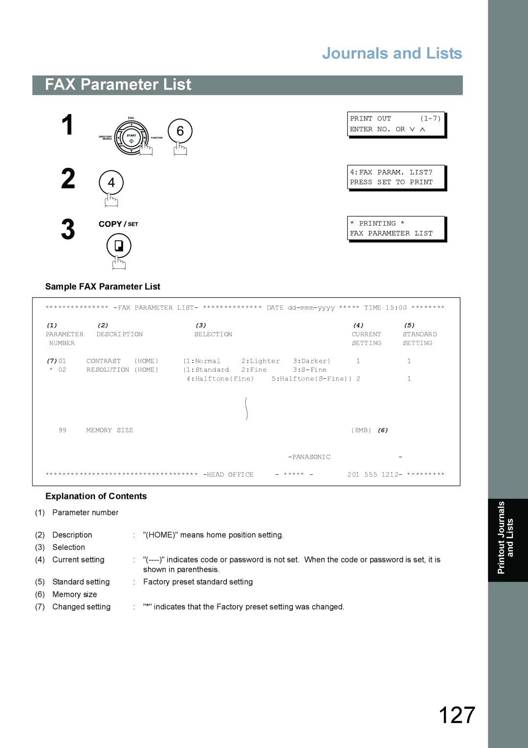 Panasonic UF-5100, UF-6100 appendix 127, Sample FAX Parameter List 