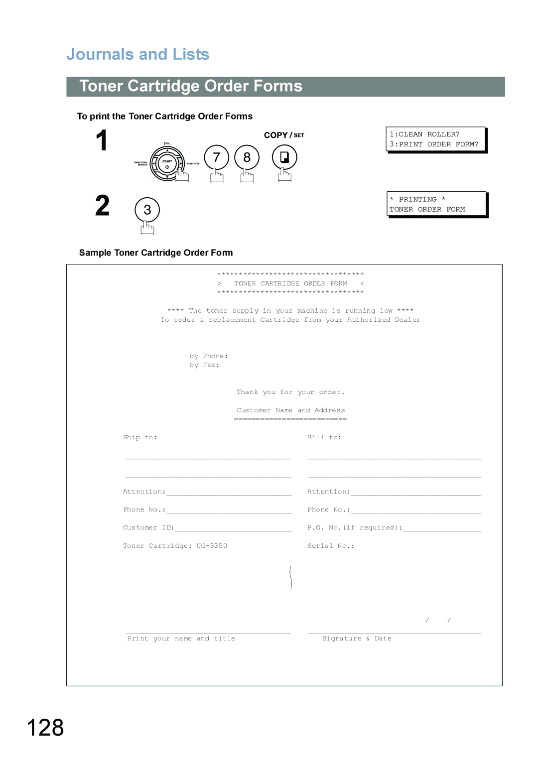 Panasonic UF-6100, UF-5100 appendix 128, To print the Toner Cartridge Order Forms, Sample Toner Cartridge Order Form 