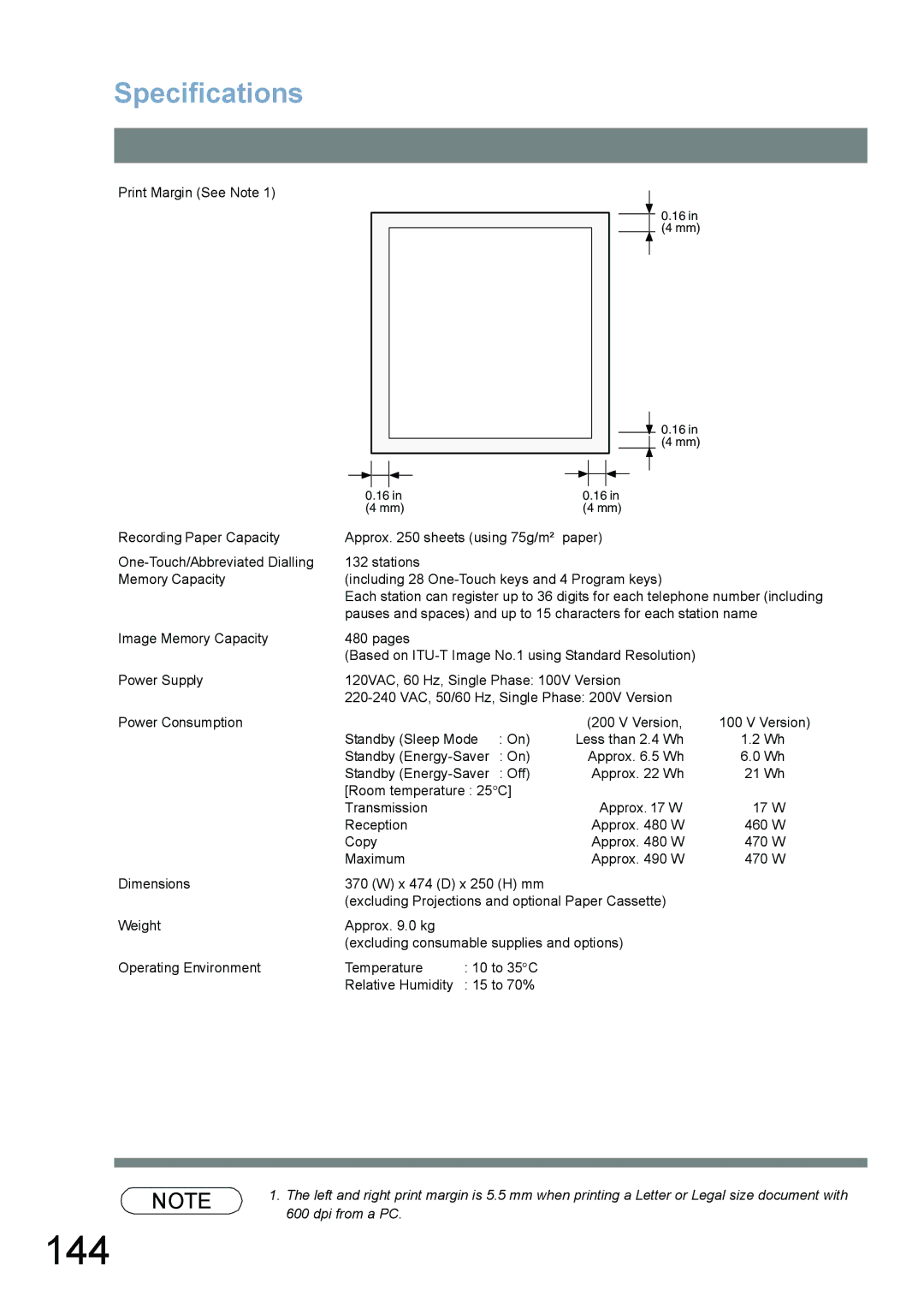 Panasonic UF-6100, UF-5100 appendix 144, Specifications 