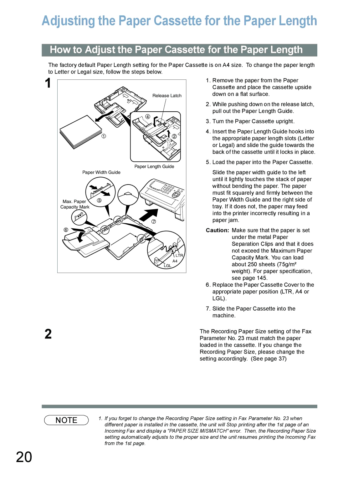 Panasonic UF-6100 Adjusting the Paper Cassette for the Paper Length, How to Adjust the Paper Cassette for the Paper Length 