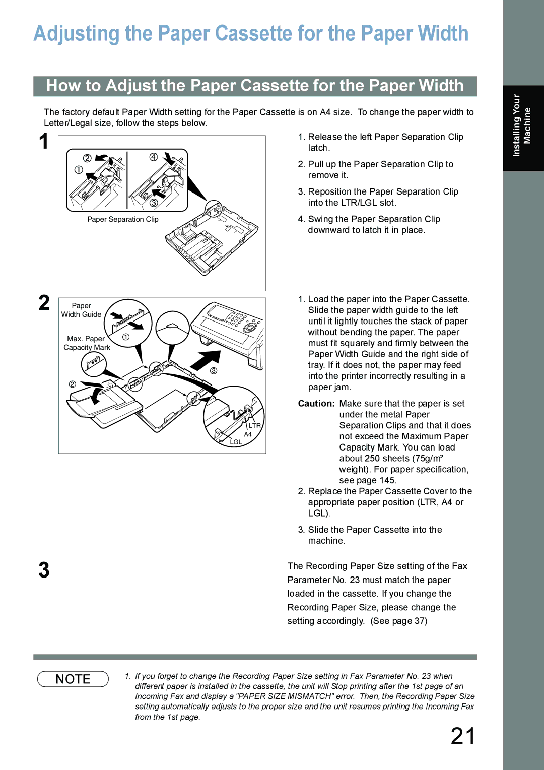 Panasonic UF-5100, UF-6100 How to Adjust the Paper Cassette for the Paper Width, Recording Paper Size setting of the Fax 