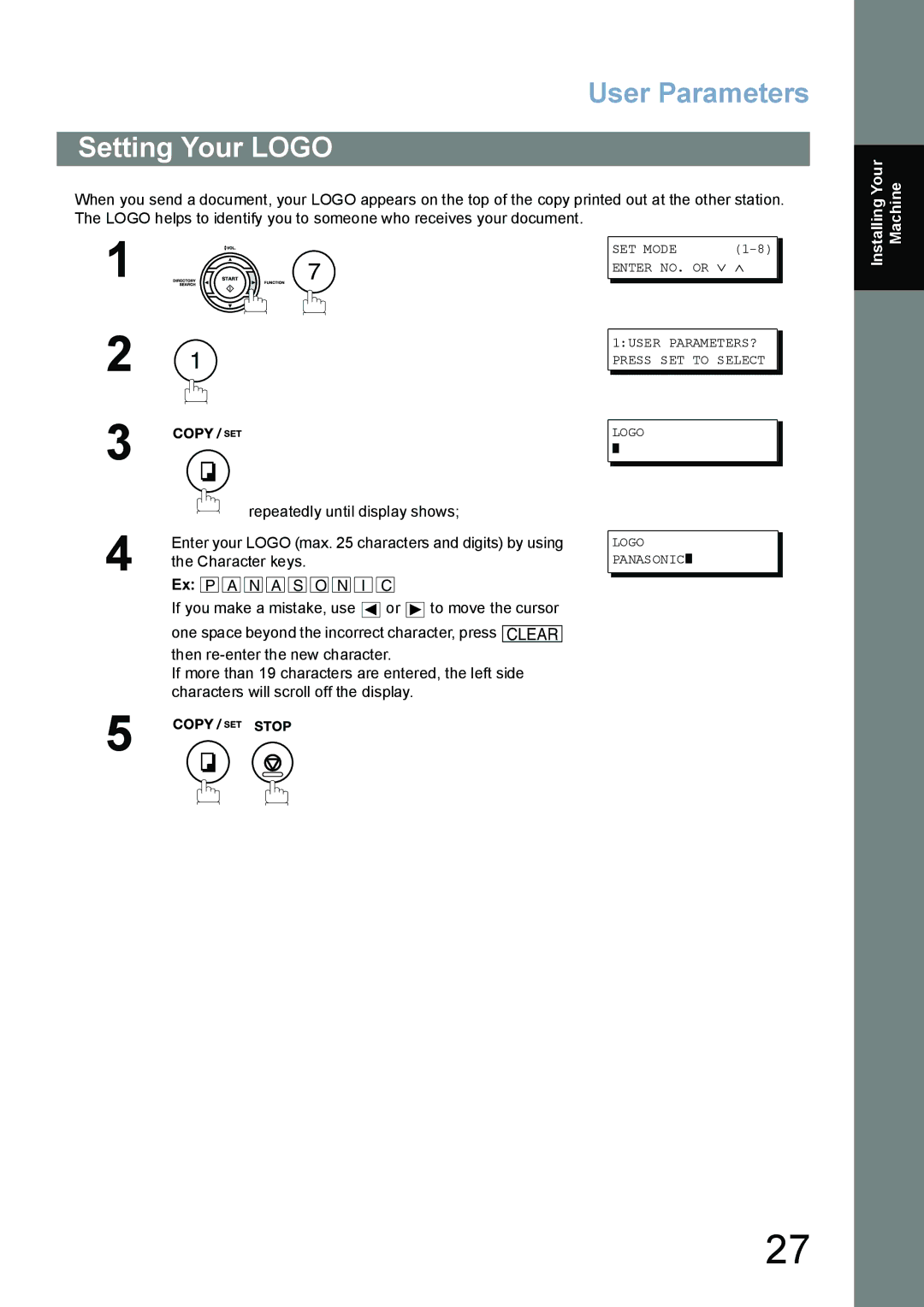 Panasonic UF-5100, UF-6100 appendix Setting Your Logo, Character keys 