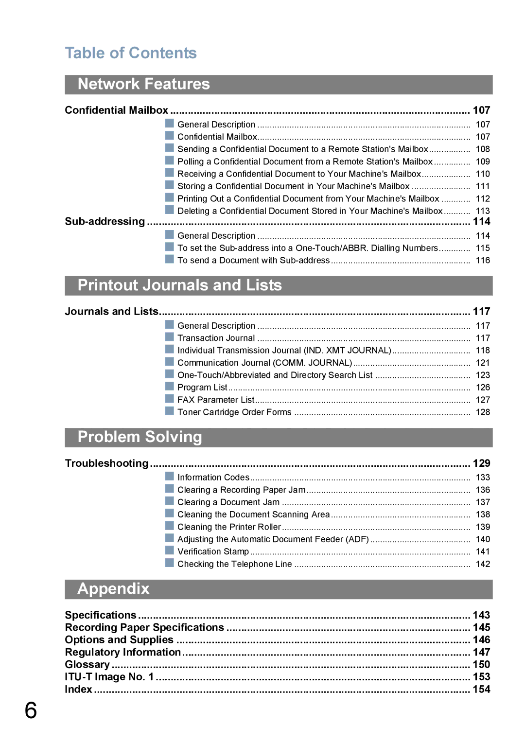 Panasonic UF-6100, UF-5100 appendix Printout Journals and Lists, Problem Solving, Appendix 