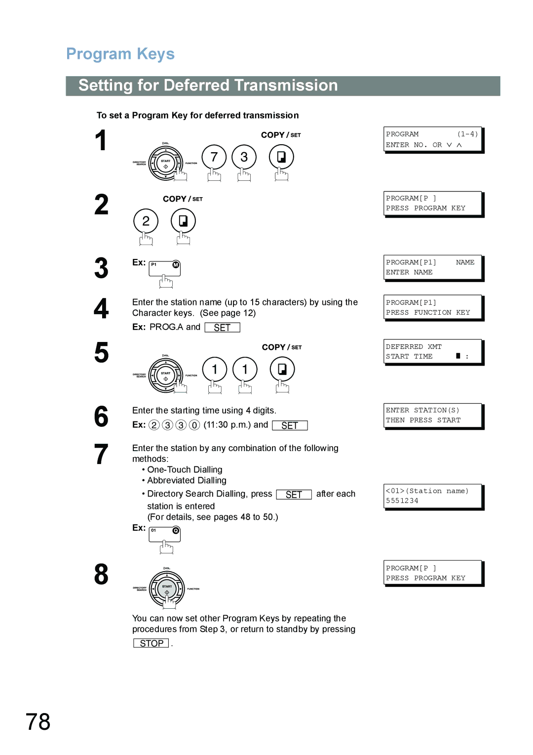 Panasonic UF-6100 Setting for Deferred Transmission, To set a Program Key for deferred transmission, Character keys. See 