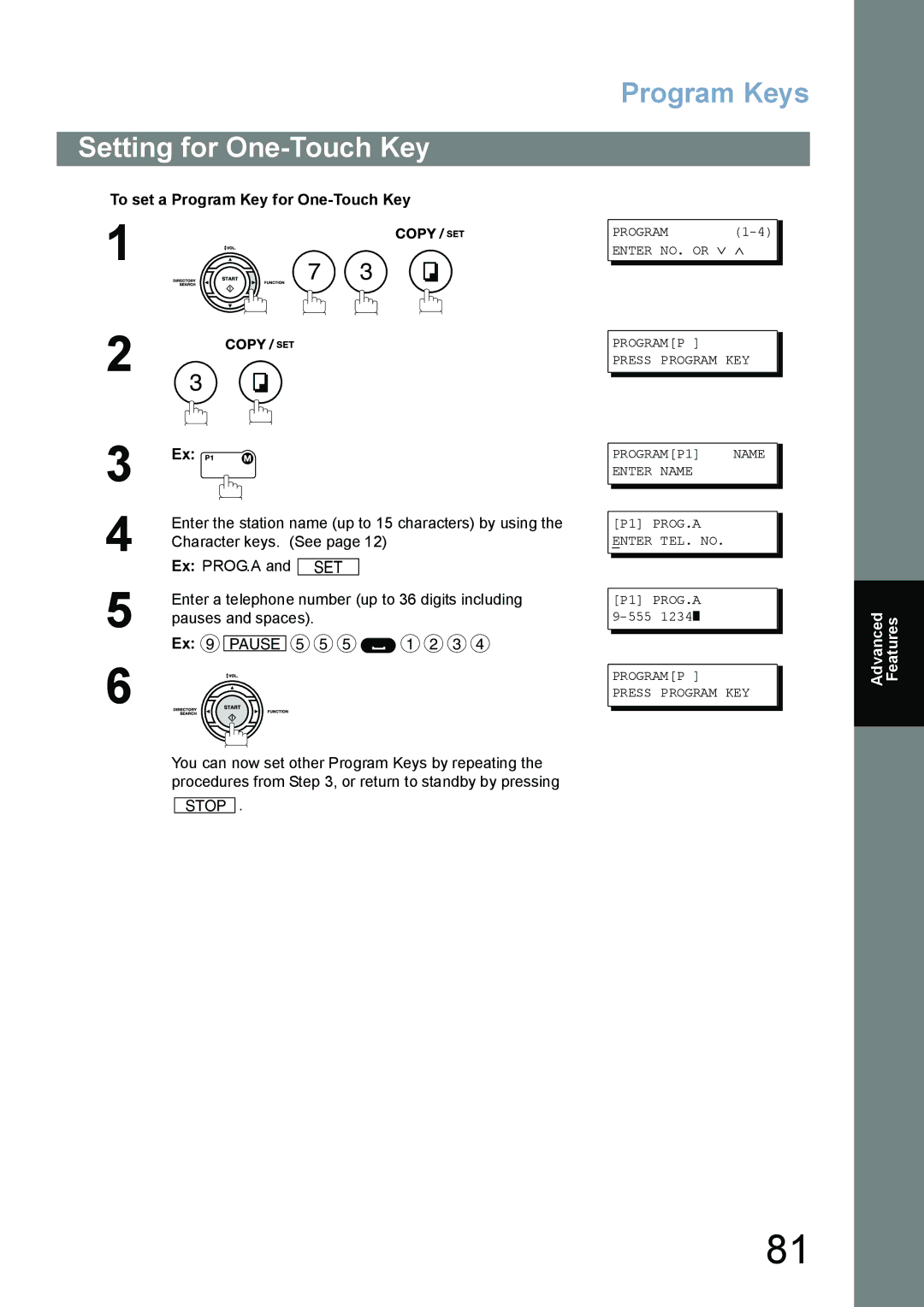 Panasonic UF-5100, UF-6100 appendix Setting for One-Touch Key, To set a Program Key for One-Touch Key 