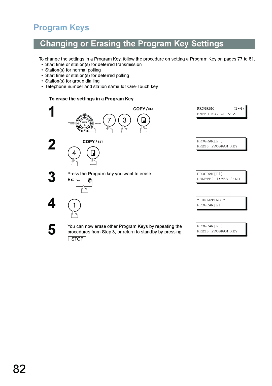 Panasonic UF-6100, UF-5100 appendix Changing or Erasing the Program Key Settings, To erase the settings in a Program Key 