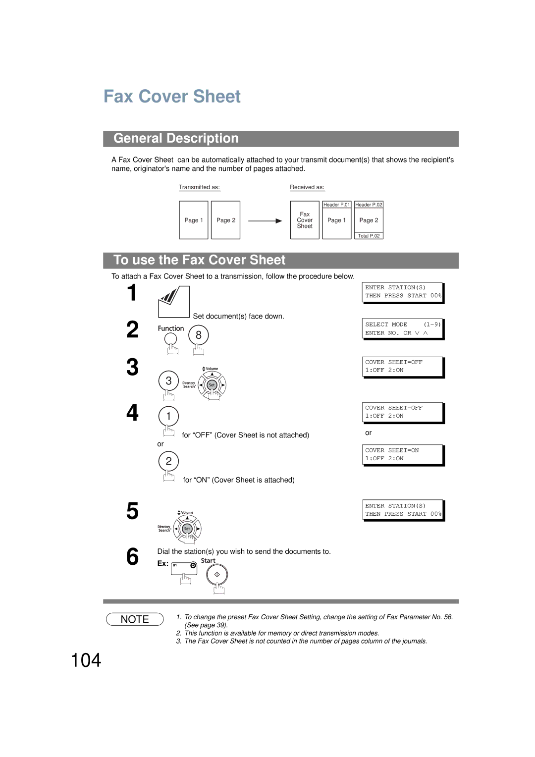 Panasonic UF-6200 operating instructions 104, To use the Fax Cover Sheet, Set documents face down 