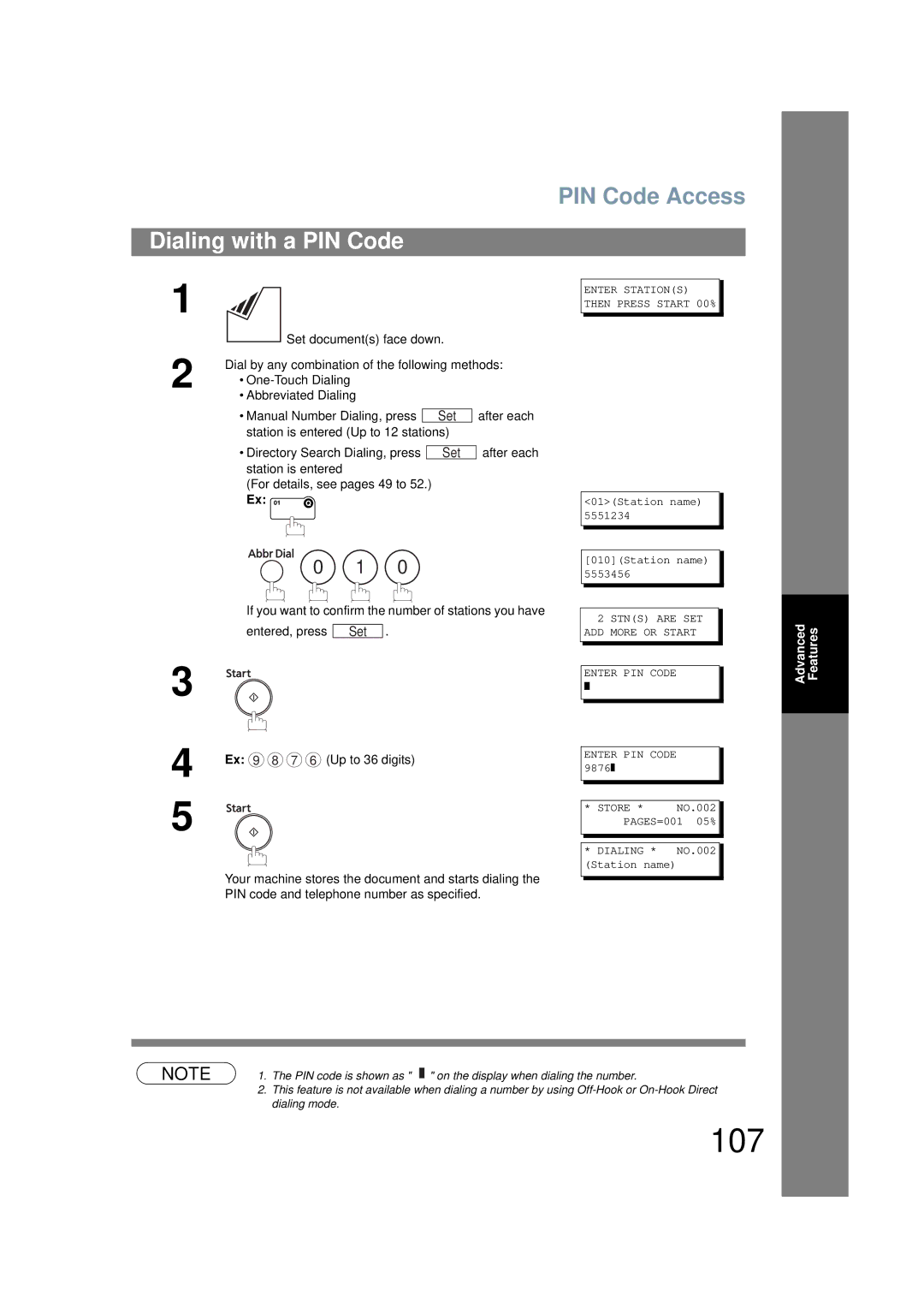 Panasonic UF-6200 operating instructions 107, PIN Code Access, Dialing with a PIN Code, Ex 9 8 7 6 Up to 36 digits 