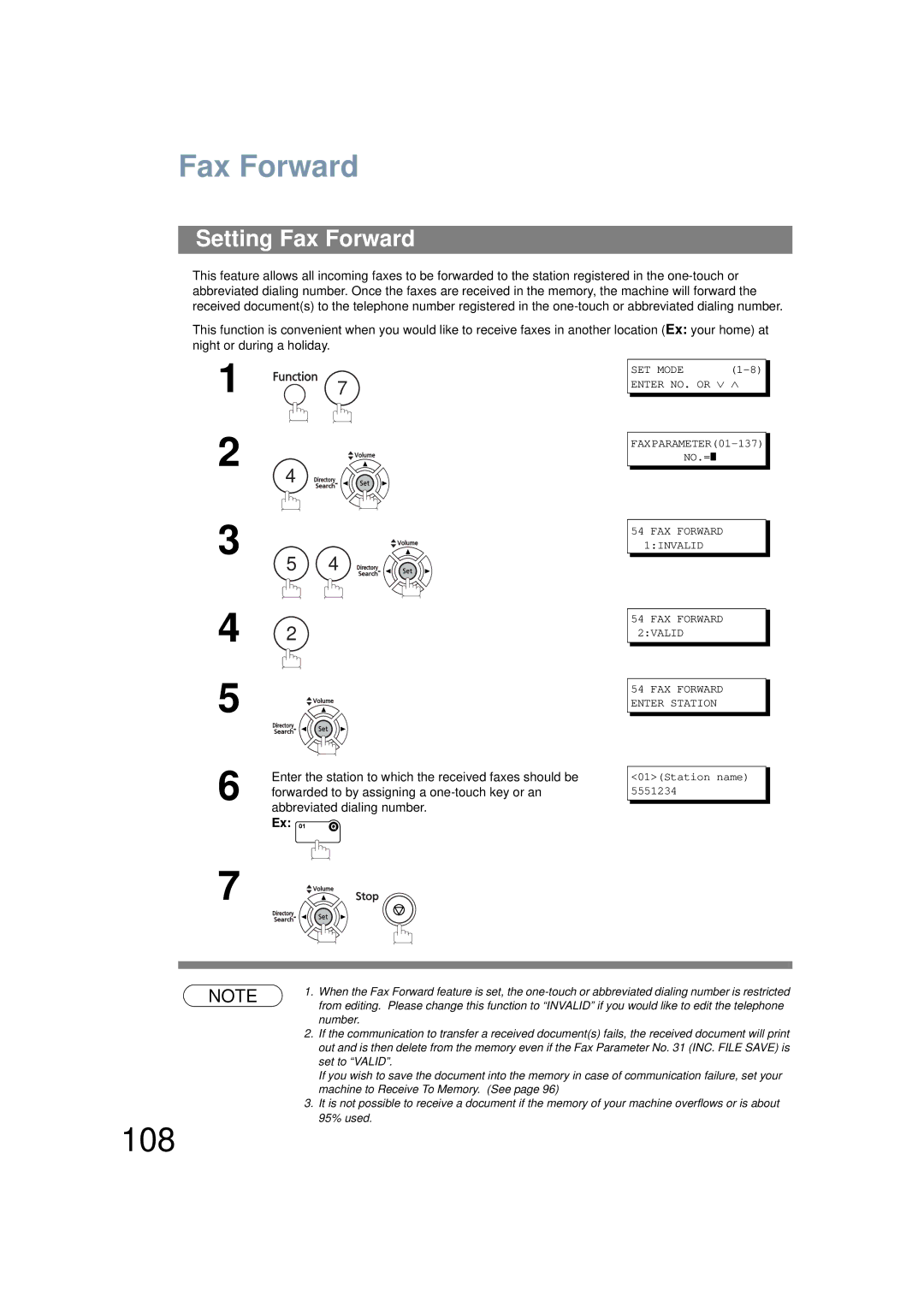 Panasonic UF-6200 operating instructions 108, Setting Fax Forward, Abbreviated dialing number 