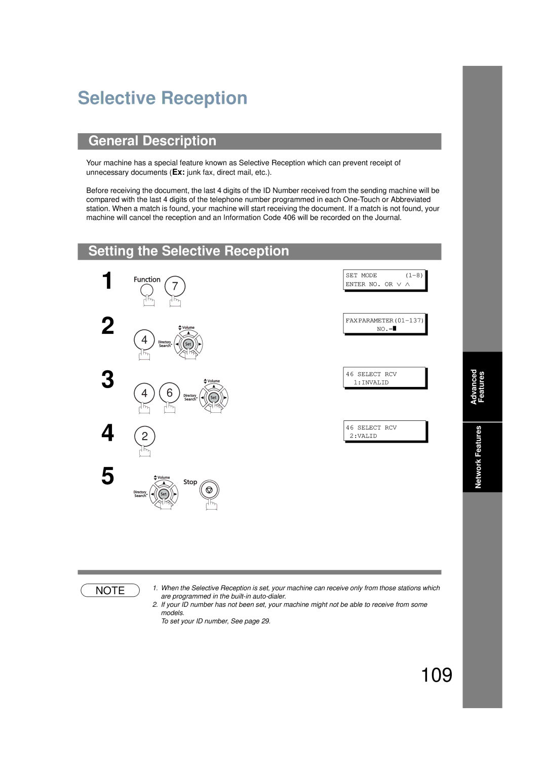 Panasonic UF-6200 operating instructions 109, Setting the Selective Reception 