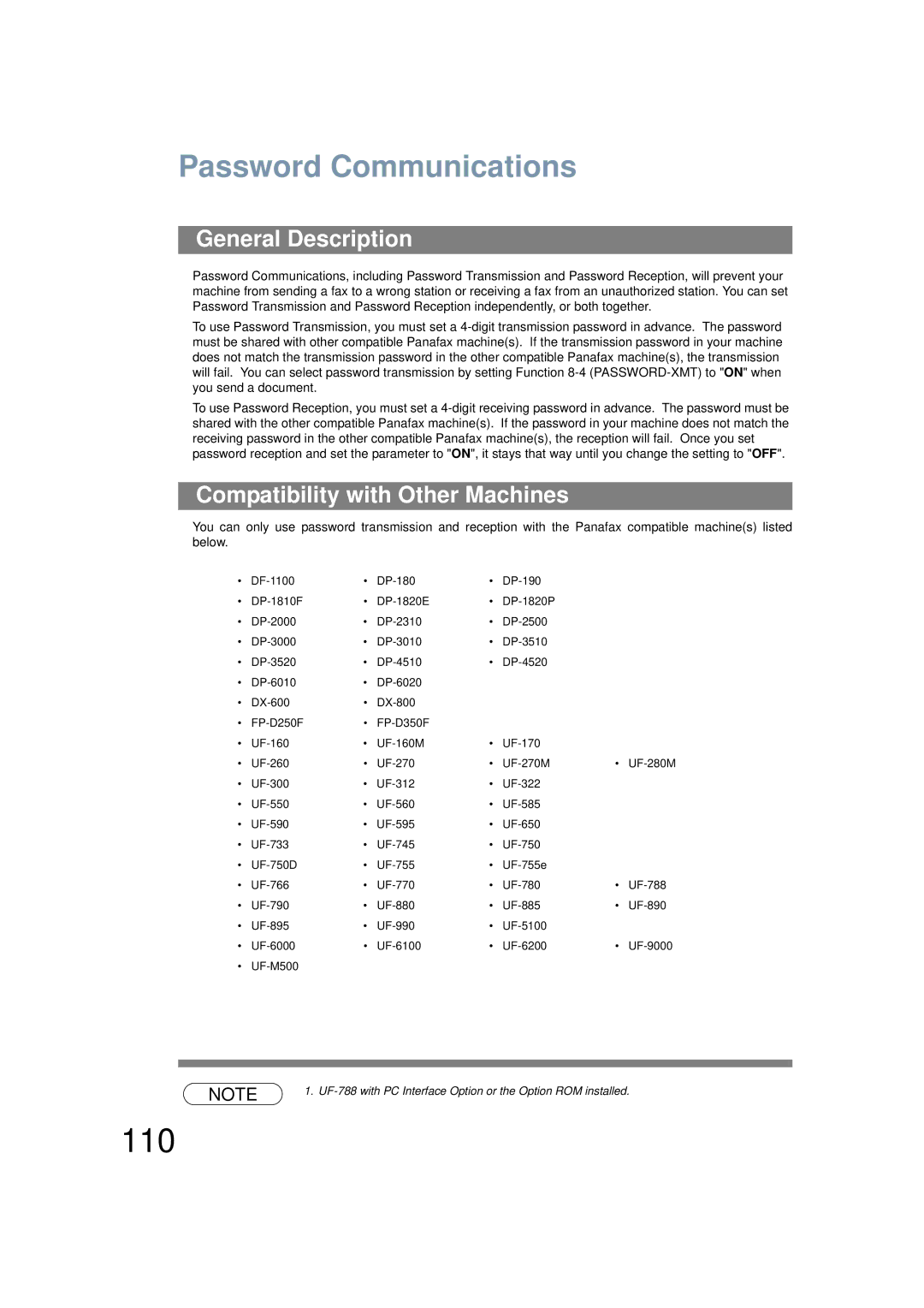 Panasonic UF-6200 operating instructions 110, Password Communications, Compatibility with Other Machines 