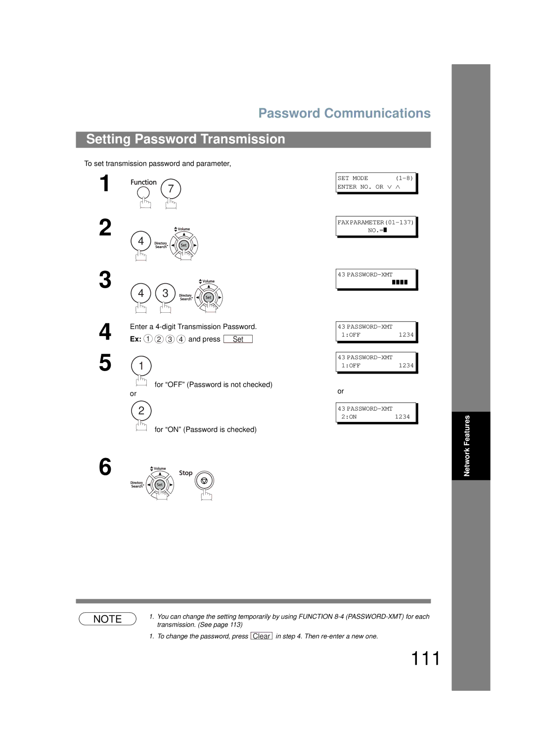 Panasonic UF-6200 operating instructions 111, Password Communications, Setting Password Transmission 