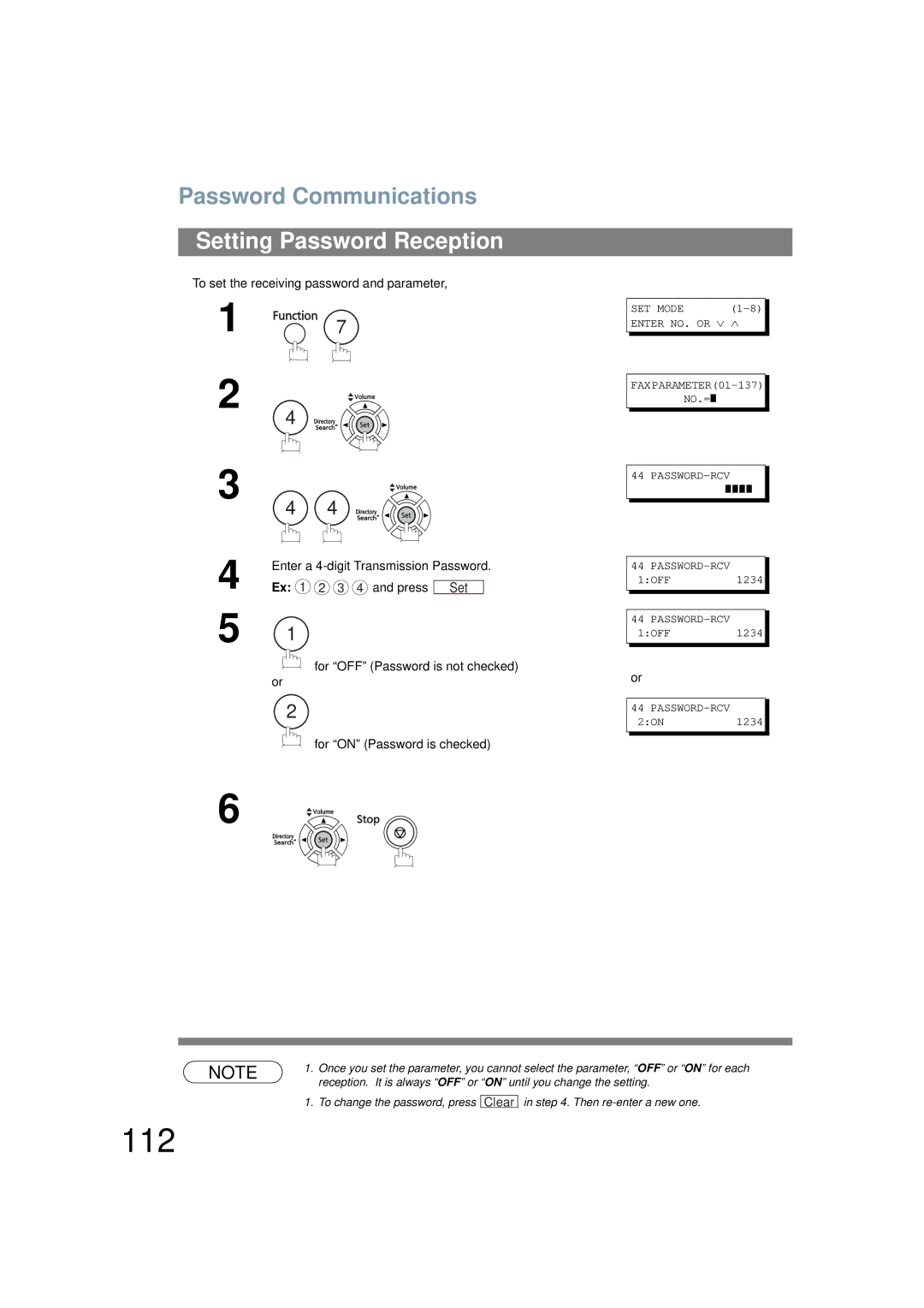 Panasonic UF-6200 operating instructions 112, Setting Password Reception 