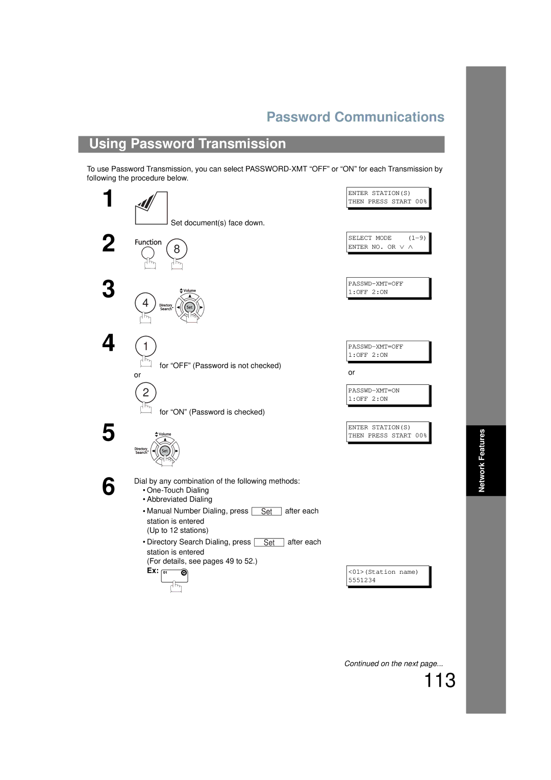 Panasonic UF-6200 operating instructions 113, Using Password Transmission 