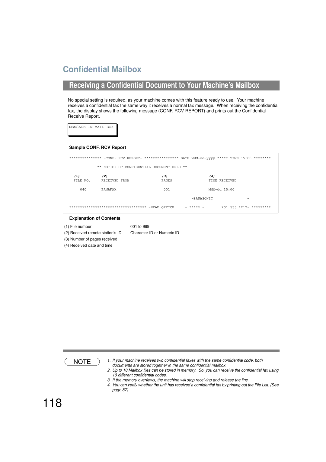 Panasonic UF-6200 operating instructions 118, Sample CONF. RCV Report 