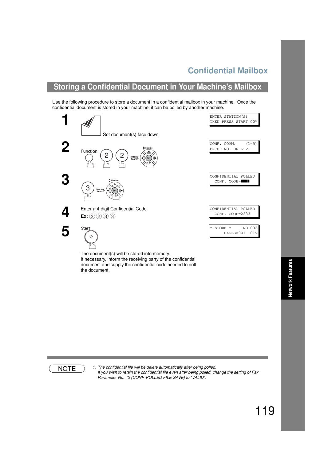 Panasonic UF-6200 operating instructions 119, Storing a Confidential Document in Your Machines Mailbox 